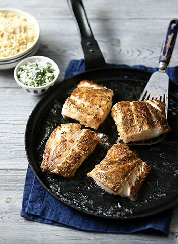 Blackened fish with couscous & fresh coconut relish