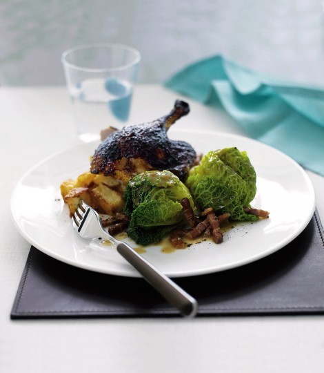 Blackened five-spice duck with mini roast potatoes