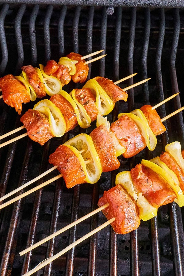 Blackened grilled salmon skewers