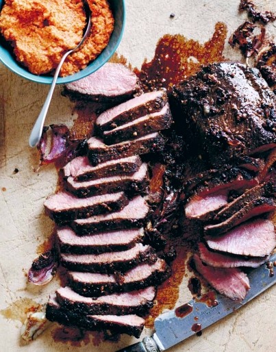 Blackened lamb backstraps with Turkish muhammara