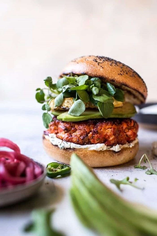Blackened salmon burgers with herbed cream cheese