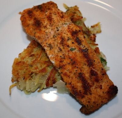 Blackened salmon with a Parmesan potato pancake