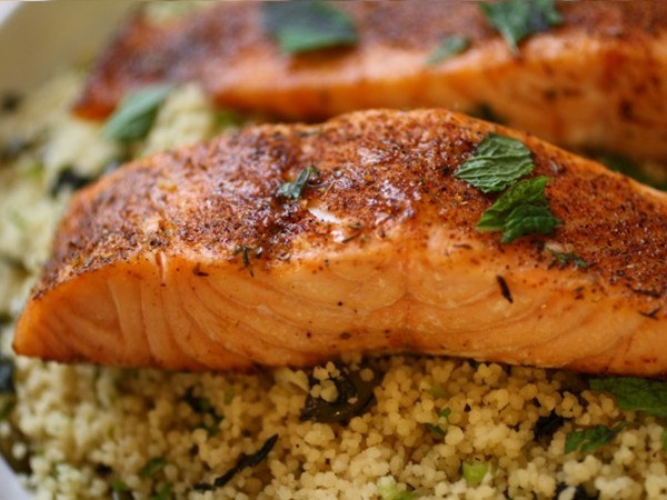 Blackened salmon with crunchy coconut couscous