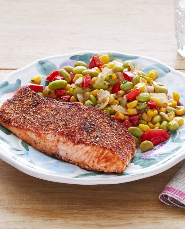Blackened salmon with edamame succotash