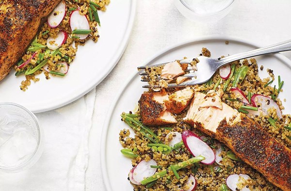 Blackened salmon with sugar-snap quinoa