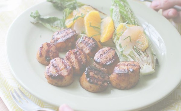 Blackened scallops with grilled romaine + citrus salad