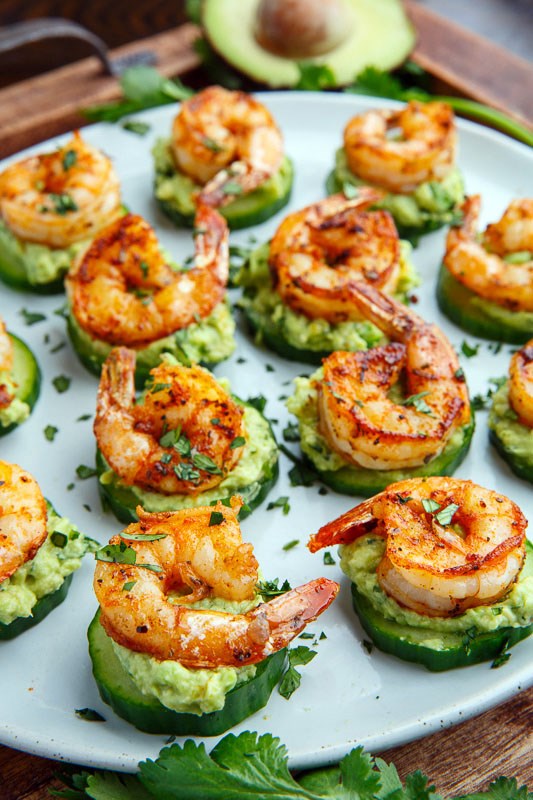 Blackened shrimp avocado cucumber bites