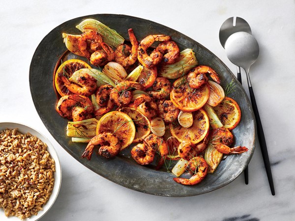 Blackened shrimp with citrus and roasted fennel