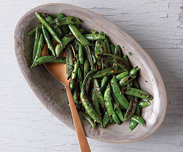 Blackened sugar snap peas with garlic and mint