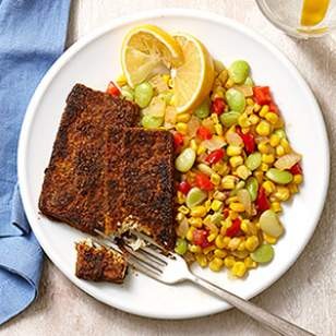 Blackened tofu with succotash