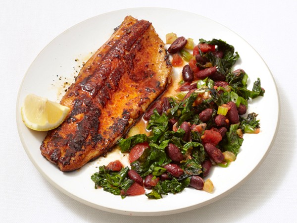 Blackened trout with spicy kale