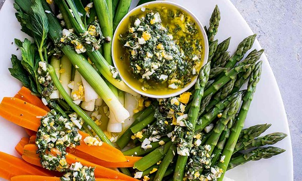Blanche Vaughan’s vegetables ‘à la Grecque’ with chopped egg and herb sauce