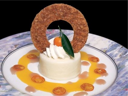 Blancmange with Florentina halos, dried kumquats, and kumquat and pear sauces