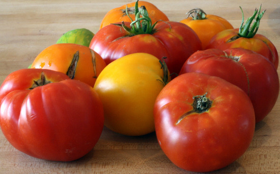 Blended heirloom tomato soup with basil