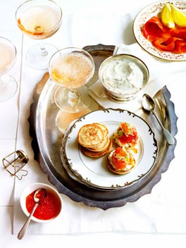 Blini with smoked trout, herbed crème fraîche and fennel salad