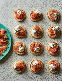Blinis with Campari-cured salmon