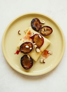 Blintzes w/ roasted plums + hazelnuts