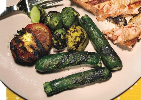 Blistered baby zucchini, baby pattypan squash, and grilled tomatoes