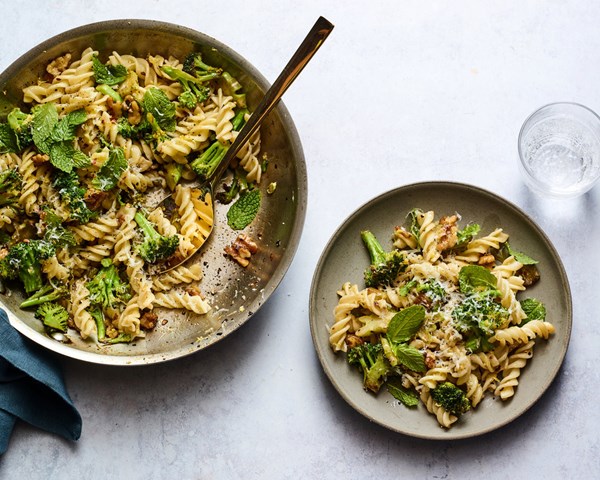 Blistered broccoli pasta with walnuts, pecorino and mint [Dawn Perry]
