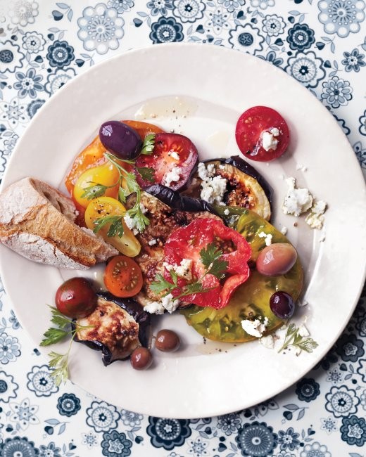 Blistered eggplant with tomatoes, olives, and feta