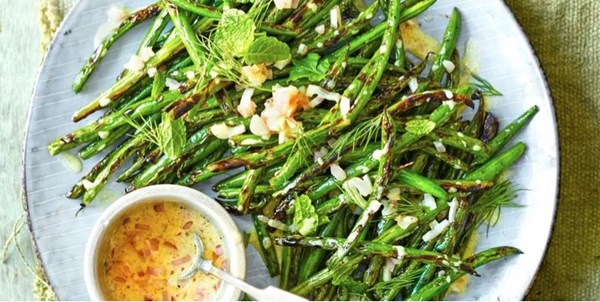 Blistered green bean salad with mustardy dressing