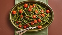 Blistered green beans and cherry tomatoes with warm mustard-tarragon vinaigrette