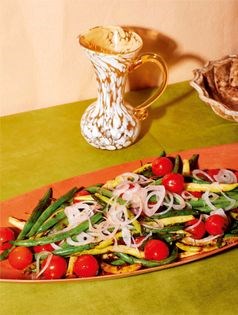 Blistered green beans and tomatoes with harissa butter