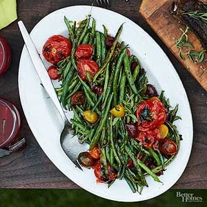 Blistered green beans with charred tomato puttanesca