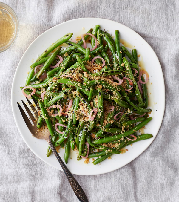 Blistered green beans with pickled shallots and toasted breadcrumbs