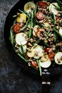 Blistered green beans with tomatoes, pounded walnuts, and raw summer squash