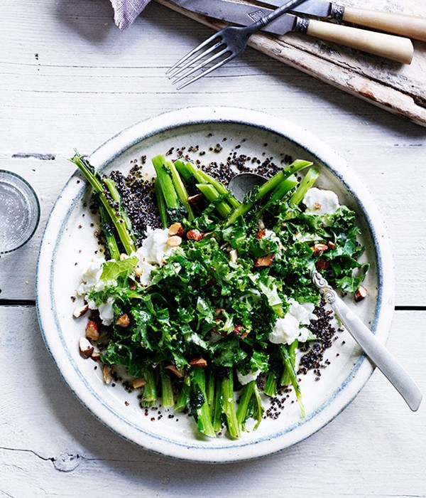 Blistered kale ribs with kale-leaf and quinoa salad