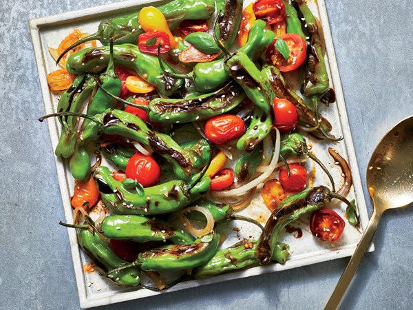 Blistered peppers and tomatoes