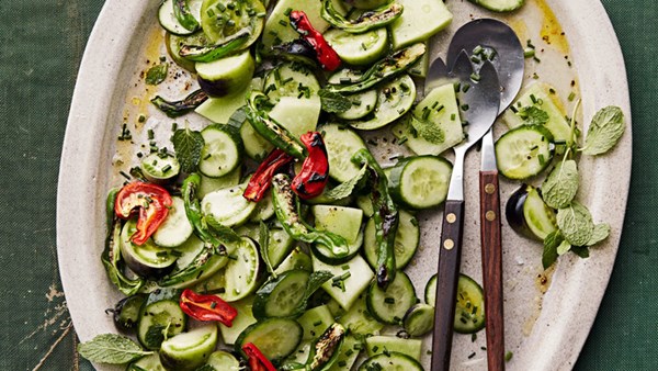 Blistered shishito-pepper salad with chive vinaigrette
