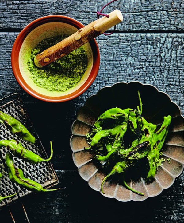 Blistered shishito pepper with shiso-lime salt