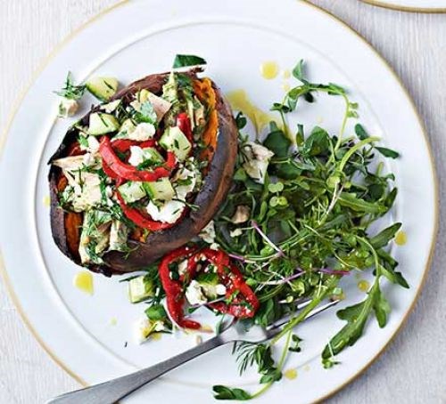 Blistered sweet potatoes with herby tuna