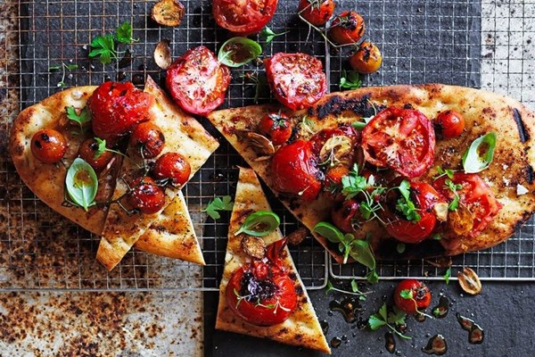 Blistered tomato & garlic Afghan bread