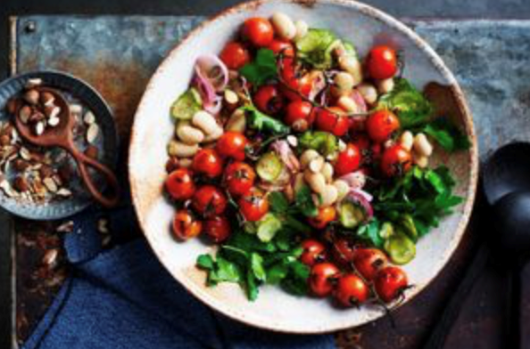Blistered tomato and butter bean salad with spiced pickles