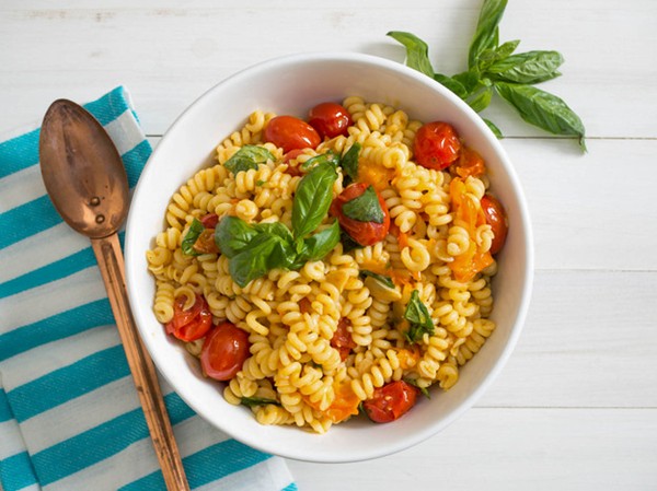 Blistered tomato pasta salad with basil