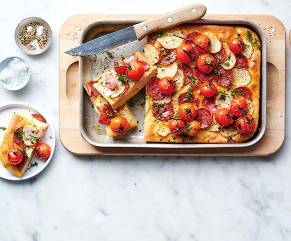 Blistered tomato, potato and truffle salami breakfast bread