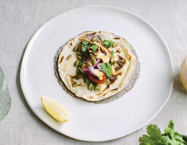 Blistered tomato tacos with cashew chipotle sauce