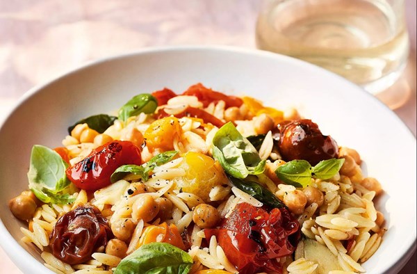 Blistered tomatoes with orzo & chickpeas
