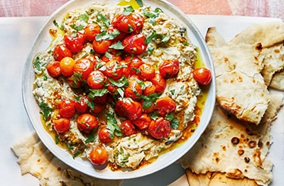 Blistered tomatoes with smoky aubergines