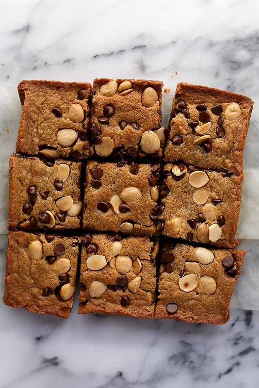 Blonde brownies with chocolate chips and Marcona almonds