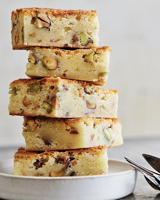 Blondies with salted pistachios & lemon