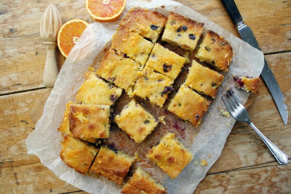Blood orange and blueberry almond polenta tray bake