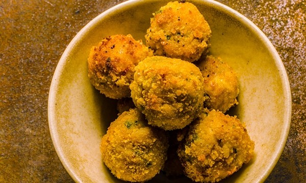 Blood orange, bacon, and Gouda arancini