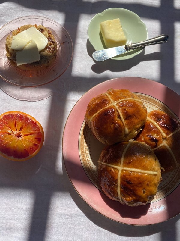 Blood orange, honey and saffron hot cross buns