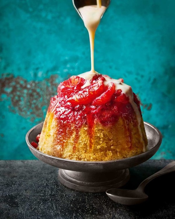 Blood orange, pomegranate and Campari steamed pudding with proper custard