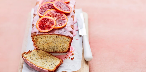 Blood orange, poppy seed and marzipan loaf cake