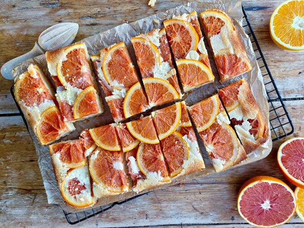 Blood orange upside down tray bake